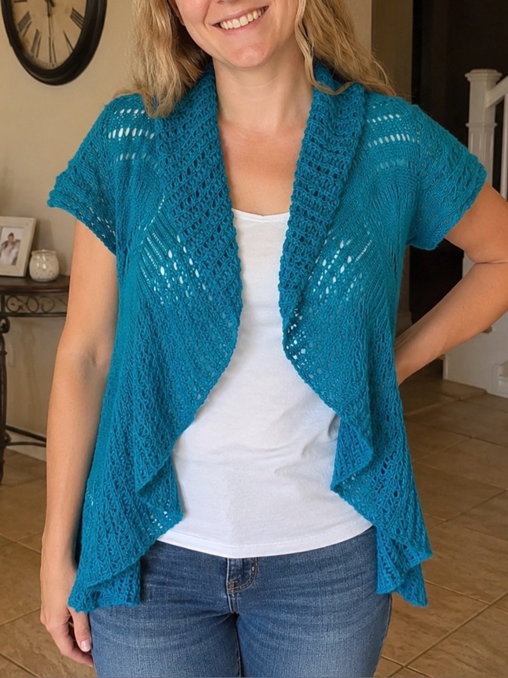 Teal Open Knit Short Sleeve Cardigan Shrug - Small